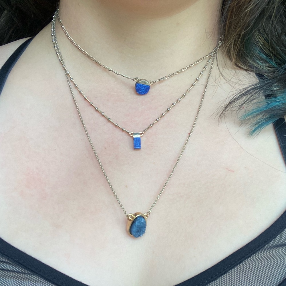Goldtone blue druzy and stone triple chain necklace